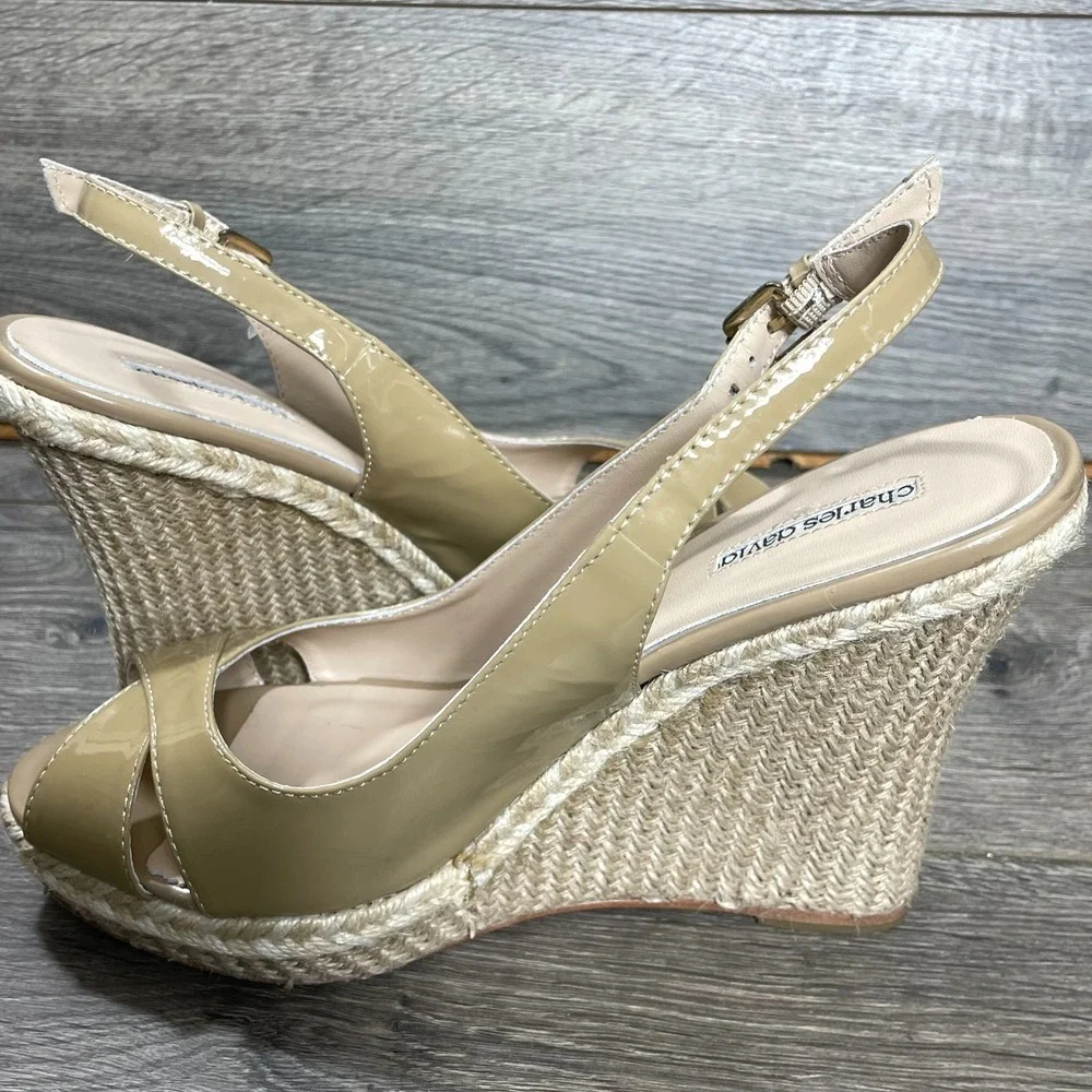 Charles David Sandals Womens 8 Beige Espadrille Strappy Wedge Heels Leather Open